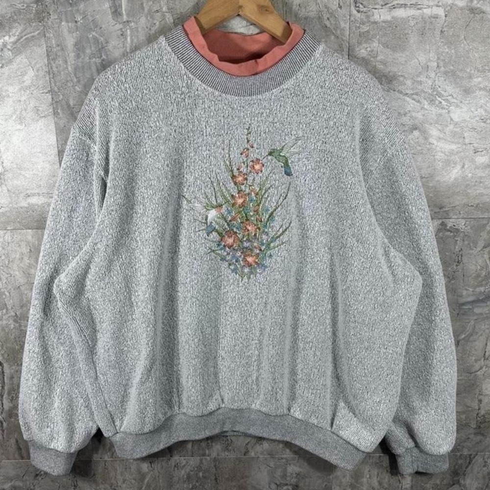 Vintage 90s Grey crewneck sweatshirt with hummingbird and flower design Size XL - Picture 1 of 7
